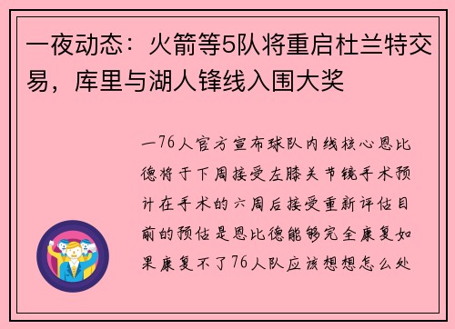 一夜动态：火箭等5队将重启杜兰特交易，库里与湖人锋线入围大奖