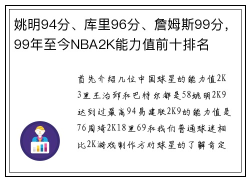姚明94分、库里96分、詹姆斯99分，99年至今NBA2K能力值前十排名